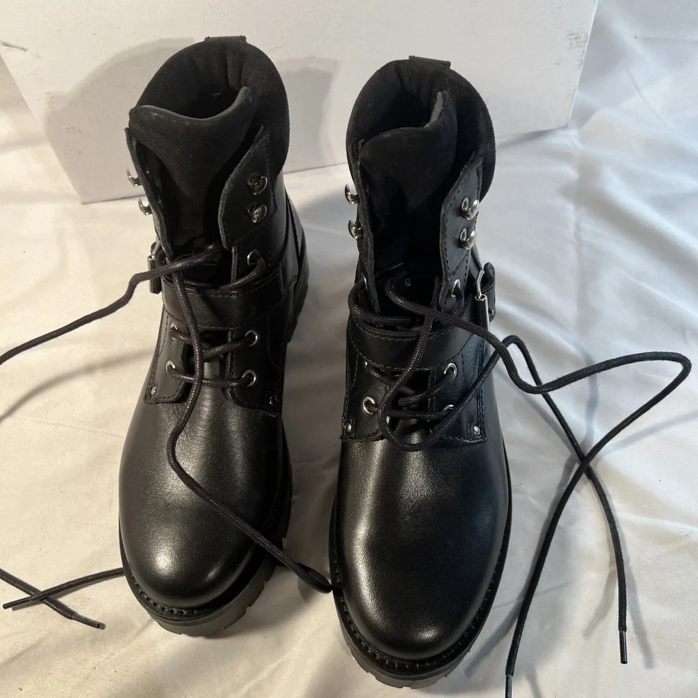 NIB‎ ALLSAINTS Paulina Black Leather Moto Biker Chunky Boots Lace Up Size 7 US